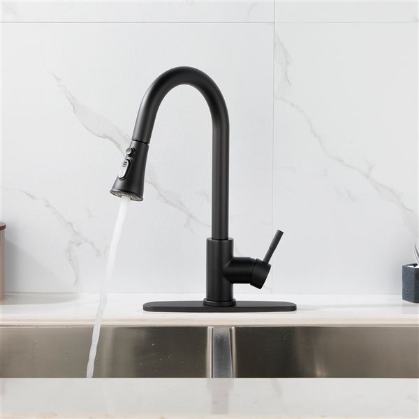 WELLFOR Sink Faucets Matte Black 1-handle Deck Mount Pull-down Handle/lever Residential Kitchen Faucet (Deck Plate Included)