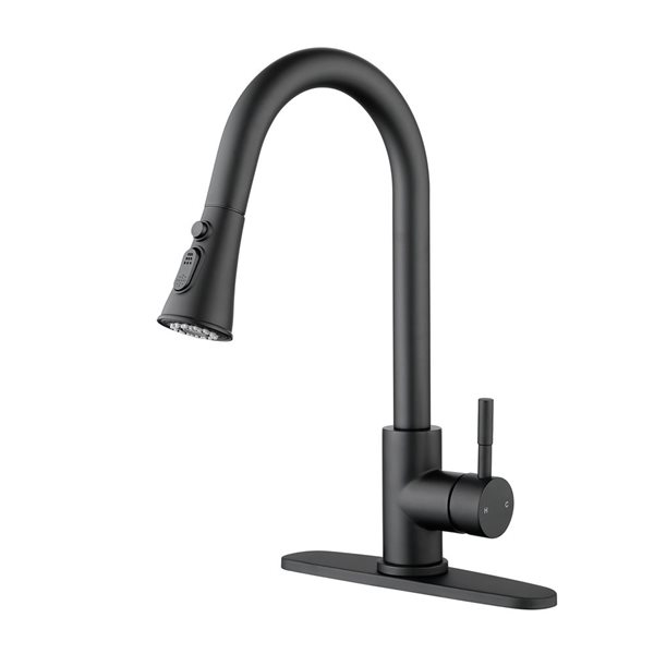 WELLFOR Sink Faucets Matte Black 1-handle Deck Mount Pull-down Handle/lever Residential Kitchen Faucet (Deck Plate Included)