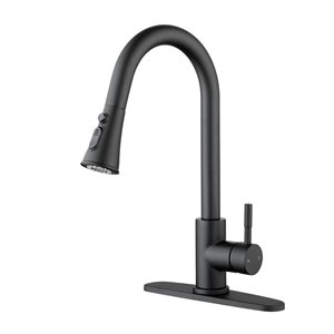 WELLFOR Sink Faucets Matte Black 1-handle Deck Mount Pull-down Handle/lever Residential Kitchen Faucet (Deck Plate Included)