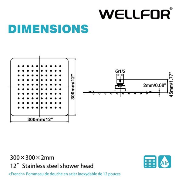 WELLFOR Matte Black 12-in Rain Shower Head