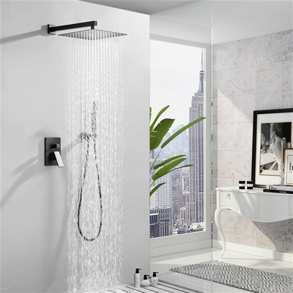 WELLFOR 2-Function Wall-Mounted Shower System with 10-in Rain Shower Head in Matte Black