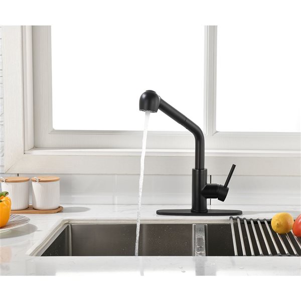 WELLFOR Sink Faucets Matte Black 1-handle Deck Mount Pull-out Handle/lever Residential Kitchen Faucet (Deck Plate Included)