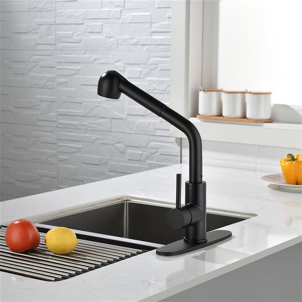 WELLFOR Sink Faucets Matte Black 1-handle Deck Mount Pull-out Handle/lever Residential Kitchen Faucet (Deck Plate Included)