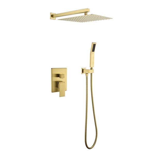 WELLFOR 2-Function Wall-Mounted Shower System with 10-in Rain Top Spray in Brushed Gold