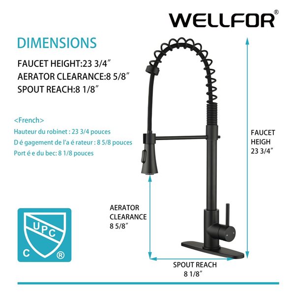 WELLFOR Sink Faucets Matte Black 1-handle Deck Mount Pull-down Handle/lever Residential Kitchen Faucet (Deck Plate Included)