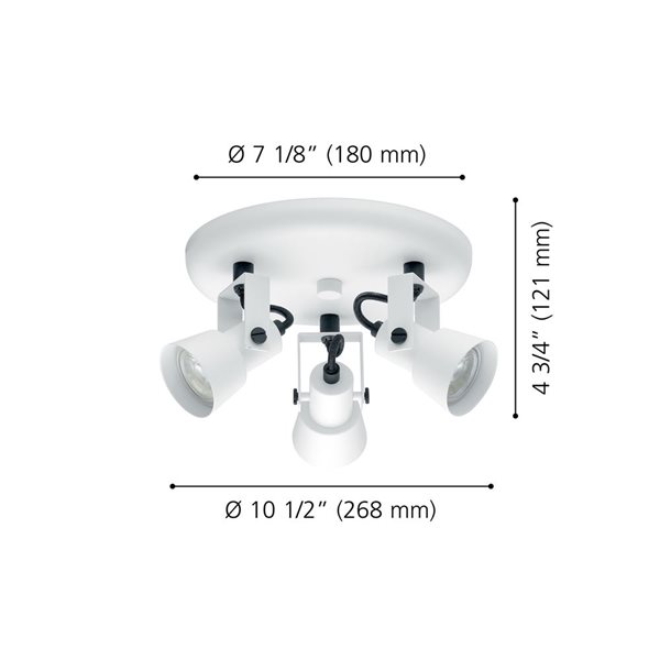 Plafonnier encastré à 3 lumières Trillo par EGLO de 10,5 po, noir et blanc