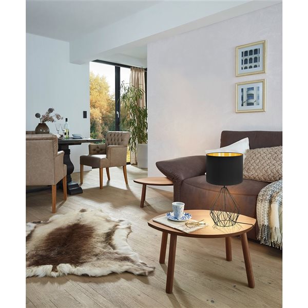 EGLO Pedregal 1 25-in Matte Black Table Lamp with Black and Gold Fabric Shade