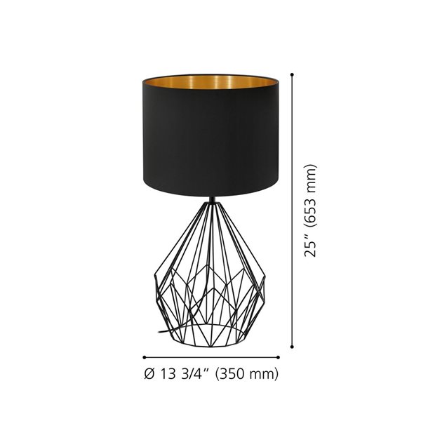 EGLO Pedregal 1 25-in Matte Black Table Lamp with Black and Gold Fabric Shade