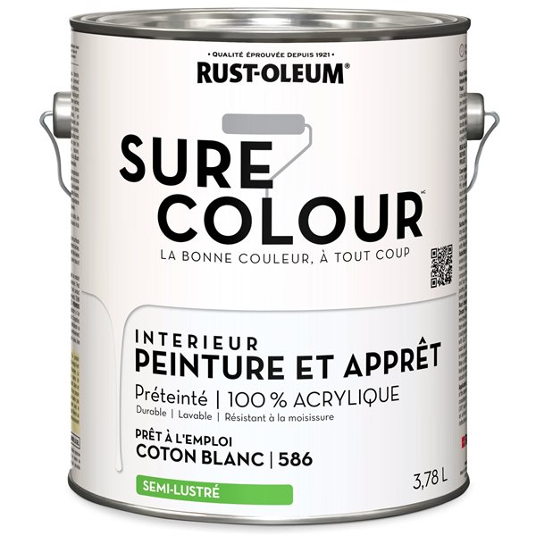 Peinture intérieure et apprêt Sure Colour coton blanc semi-lustré 3,78 L (Paquet de 2)