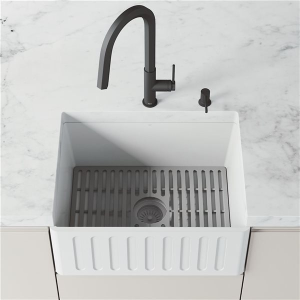 VIGO Matte Stone White Composite 24-in Single Slotted Farmhouse Apron-Front Kitchen Sink with Strainer and Silicone Grid