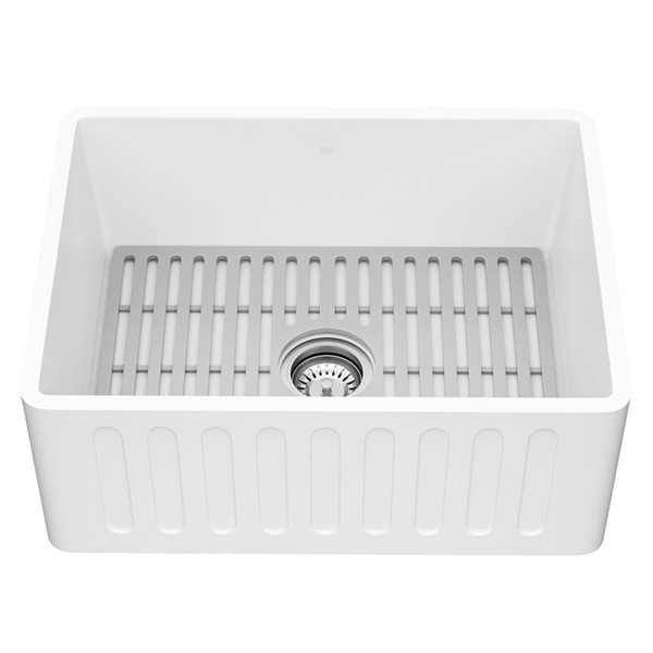 VIGO Matte Stone White Composite 24-in Single Slotted Farmhouse Apron-Front Kitchen Sink with Strainer and Silicone Grid