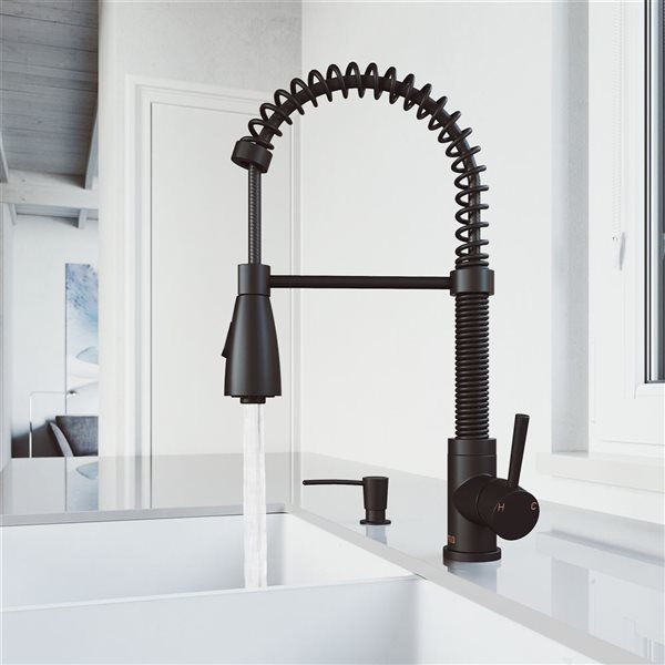 VIGO Brant Matte Black 1-Handle Deck Mount Pull-Down Kitchen Faucet with  Soap Dispenser