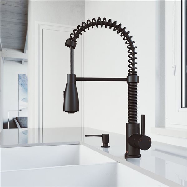 VIGO Brant Matte Black 1-Handle Deck Mount Pull-Down Kitchen Faucet with Soap Dispenser