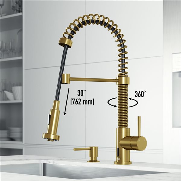 VIGO Edison Matte Brushed Gold 1-Handle Deck Mount Pull-Down Touchless Kitchen Faucet - Soap Dispenser