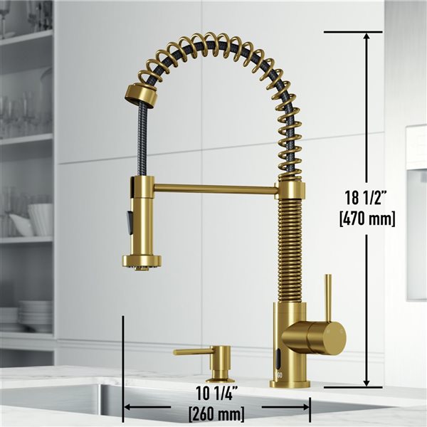 VIGO Edison Matte Brushed Gold 1-Handle Deck Mount Pull-Down Touchless Kitchen Faucet - Soap Dispenser