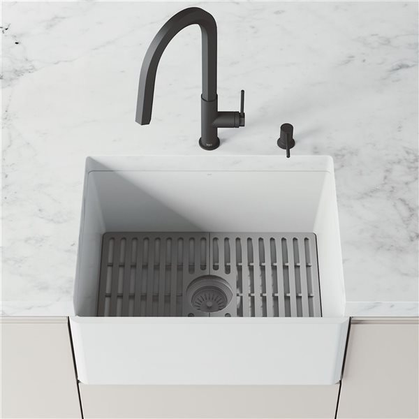 VIGO Matte Stone White Composite 24-in Single Flat Farmhouse Apron-Front Kitchen Sink with Strainers and Silicone Grid