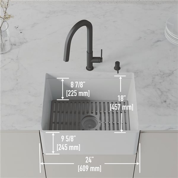 VIGO Matte Stone White Composite 24-in Single Flat Farmhouse Apron-Front Kitchen Sink with Strainers and Silicone Grid
