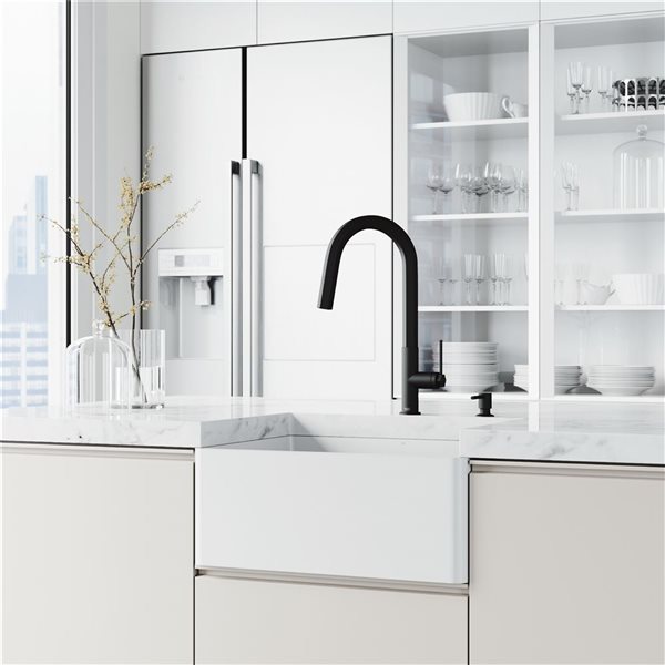 VIGO Matte Stone White Composite 24-in Single Flat Farmhouse Apron-Front Kitchen Sink with Strainers and Silicone Grid