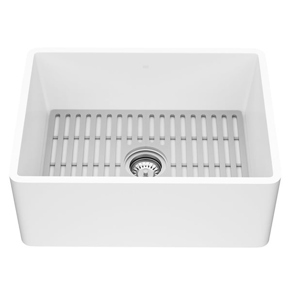 VIGO Matte Stone White Composite 24-in Single Flat Farmhouse Apron-Front Kitchen Sink with Strainers and Silicone Grid