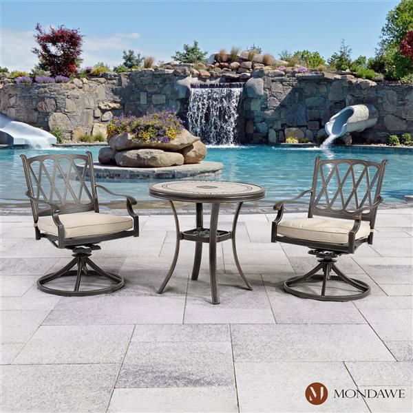 Mondawe Bronze Metal Swivel Patio Conversation Chairs with Off-White Cushioned Seats - Set of 2