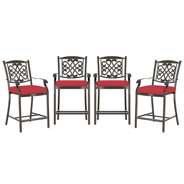 Mondawe Bronze Metal Stationary Bar Stool Chairs with Red Cushioned Seats - Set of 4