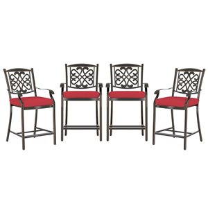 Mondawe Bronze Metal Stationary Bar Stool Chairs with Red Cushioned Seats - Set of 4