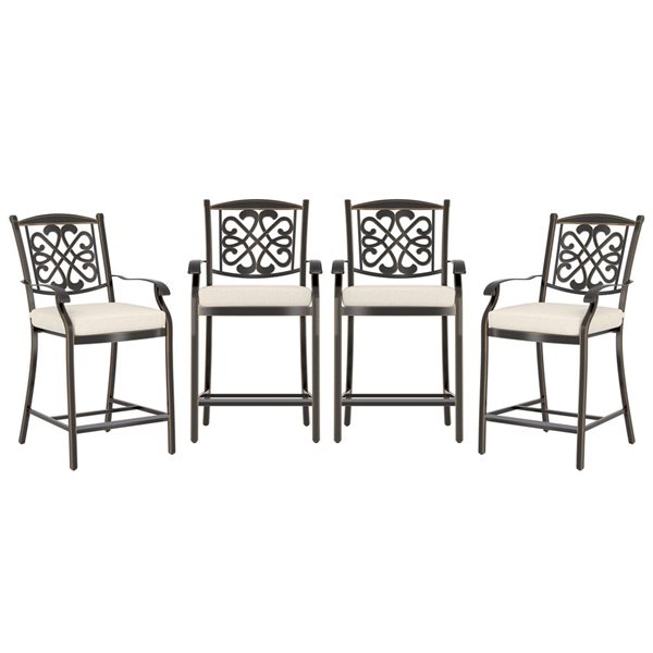 Mondawe Bronze Metal Stationary Bar Stool Chairs with Off-White Cushioned Seats - Set of 4