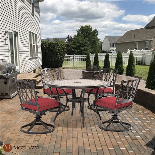Mondawe Bronze Frame Patio Dining Set with Red Cushions and Swivel Chairs - 5 Piece