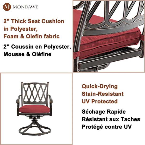 Mondawe Bronze Frame Patio Dining Set with Red Cushions and Swivel Chairs - 5 Piece