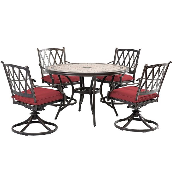 Mondawe Bronze Frame Patio Dining Set with Red Cushions and Swivel Chairs - 5 Piece