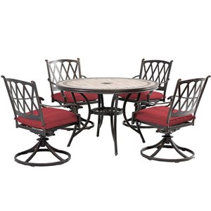 Mondawe Bronze Frame Patio Dining Set with Red Cushions and Swivel Chairs - 5 Piece