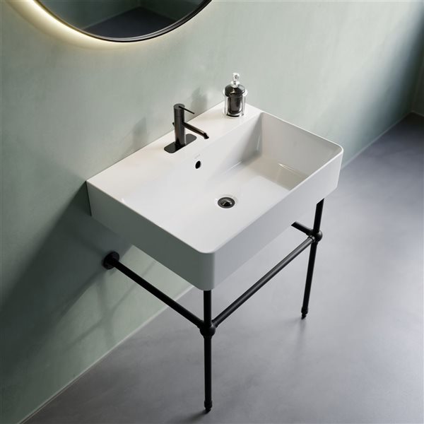 Cheviot Nuo 2 23.37-in x 17.37-in White and Matte Black Fire Clay Console Bathroom Sink with Overflow Drain