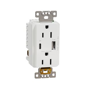 Square D X Series 15A 125V USB A/C 5.4A Duplex Decorator Outlet Back Wire - Matte White