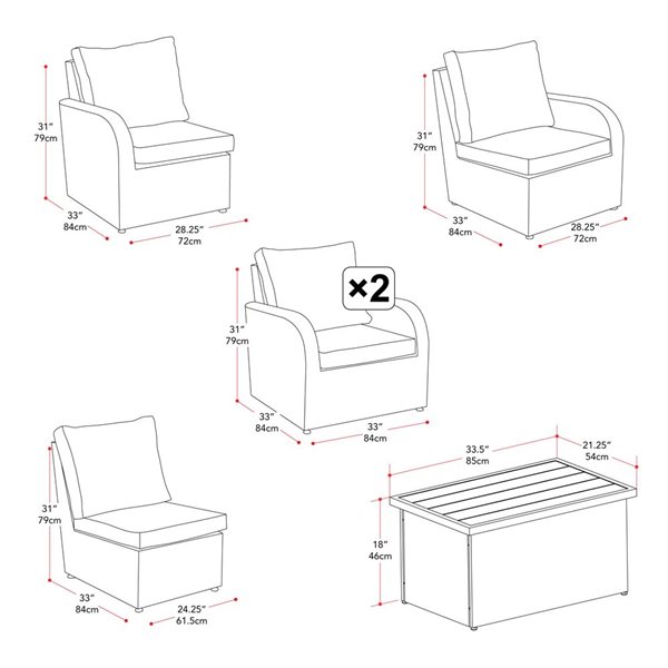 Ensemble de mobilier extérieur Brisbane par CorLiving à cadre en métal avec coussins gris, 6 pièces