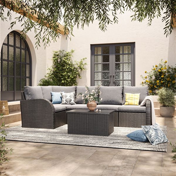 CorLiving Brisbane Distressed Charcoal Grey Wicker Left Arm Sectional Piece with Light Grey Cushioned Seat