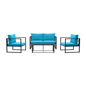 CorLiving Delia Metal Frame Patio Conversation Set with Turquoise Cushions - 4-Piece