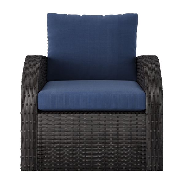 Fauteuil de patio Brisbane par CorLiving en osier et métal gris anthracite vieilli avec siège coussiné bleu