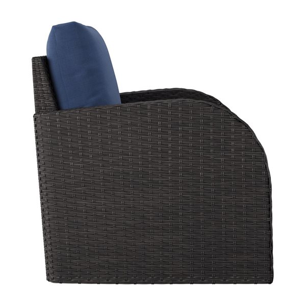 Fauteuil de patio Brisbane par CorLiving en osier et métal gris anthracite vieilli avec siège coussiné bleu