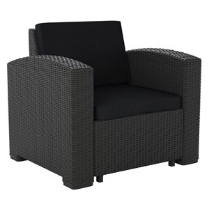 CorLiving Lake Front Black Resin Wicker Patio Chair with Black Cushioned Seat