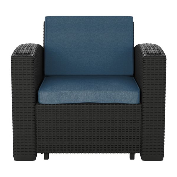 Fauteuil de patio Lake Front par CorLiving osier en résine noir avec siège coussiné bleu