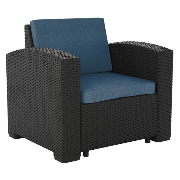 Fauteuil de patio Lake Front par CorLiving osier en résine noir avec siège coussiné bleu