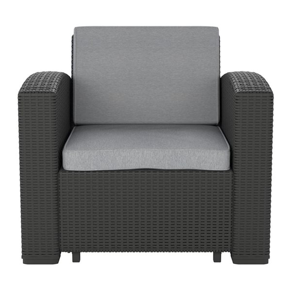 CorLiving Lake Front Black Resin Wicker Patio Chair with Grey Cushioned Seat