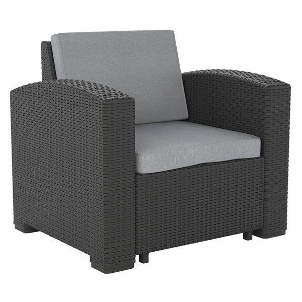 CorLiving Lake Front Black Resin Wicker Patio Chair with Grey Cushioned Seat