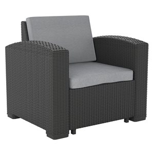 CorLiving Lake Front Black Resin Wicker Patio Chair with Grey Cushioned Seat