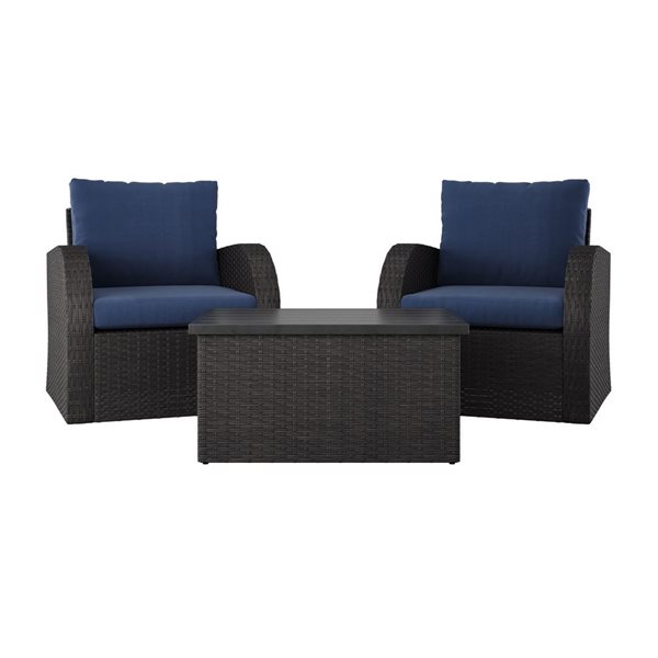 CorLiving Brisbane Metal Frame Patio Conversation Set with Blue Cushions - 3-Piece