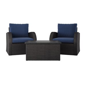 CorLiving Brisbane Metal Frame Patio Conversation Set with Blue Cushions - 3-Piece