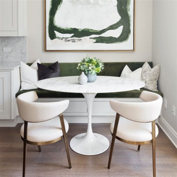 Plata Import Oura White Round Extending Removable 32-in Faux Marble Table with Gloss Metal Base