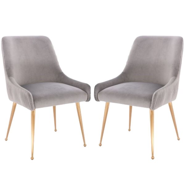 Plata Import Heye llI Chair with Grey Velvet Upholstered and Gold Metal Legs (Set of 2)