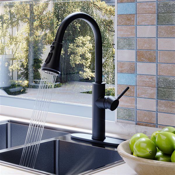 Clihome Matte Black 4-Function Single-Handle Pull-Down Spout Kitchen Faucet  With Base Plate CL-PB1035Y-MB