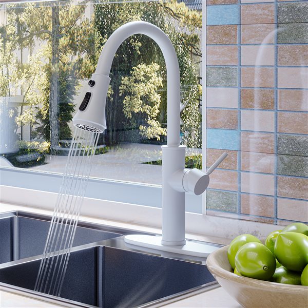 Clihome Matte White 4-Function Single-Handle Pull-Down Spout Kitchen Faucet With Base Plate